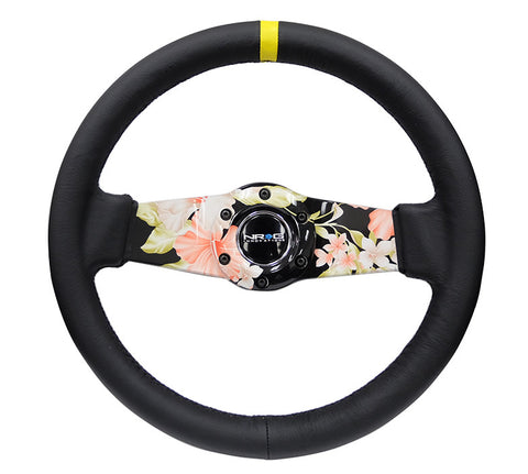 NRG RST-021R-SUN-Y: Japanese Floral Hydro-Dipped Leather Steering Wheel
