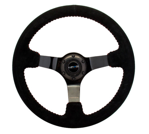 NRG RST-036BK-S: 350mm Suede Steering Wheel with Black Spokes Red Stitching