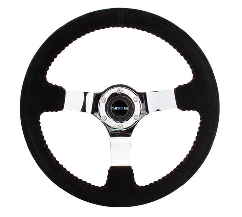 NRG RST-036CH-S: 350mm Suede Steering Wheel with Chrome Spokes Red Stitching