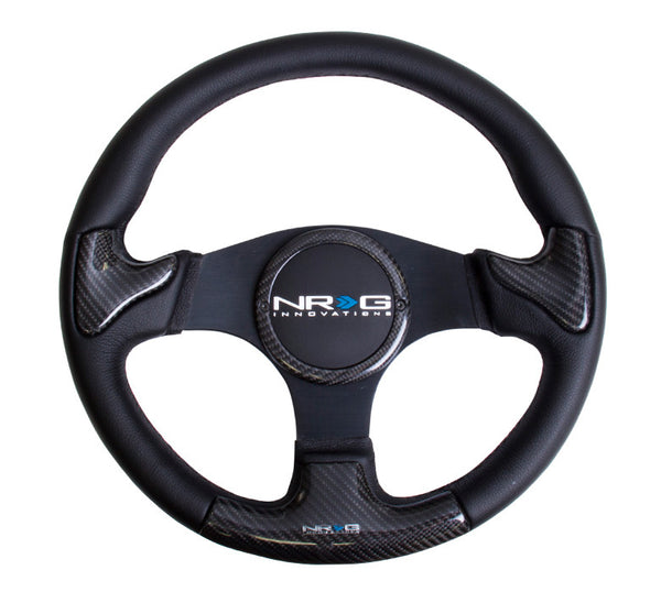 NRG ST-014CFBK: 350mm Carbon Fiber Steering Wheel Black Frame Black  Stitching w/ Rubber Cover Horn Button