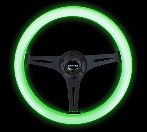 NRG ST-015BK-GL: Classic Luminor White Wood Grain Wheel Black Spoke Green Glow