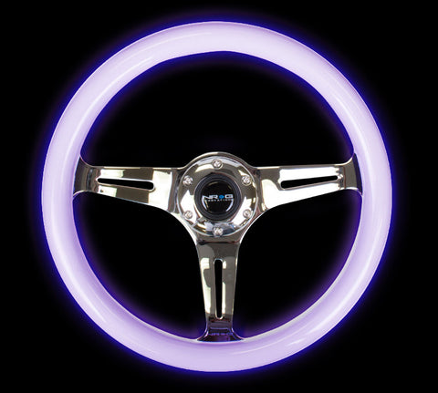 NRG ST-015CH-GL/PP: Classic Luminor White Wood Grain Wheel Chrome Spoke Purple Glow
