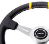 NRG ST-028BK-Y: 360mm "Bumble Bee" Sport Steering wheel- Black leather w/ White stitching. Double yellow Center Marking - Drive NRG