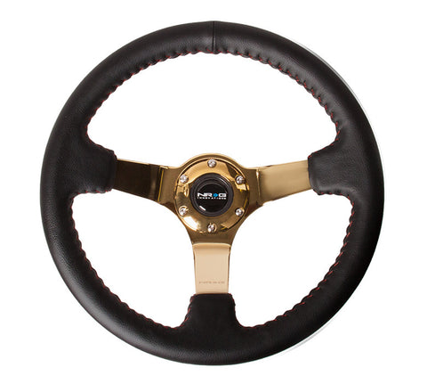 NRG RST-036GD: 350mm Leather Steering Wheel with Gold Spokes Red Stitching