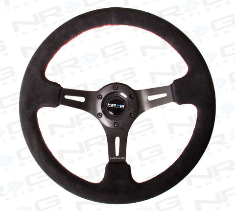 ST-055S-BKRS Black Suede Steering Wheel (3" Deep), 350mm, 3 Spoke Center in Black W/ Red stitch