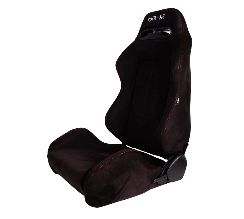 NRG RSC-220: Type-R Suede Sport Seat - Black w/ Red Stitch with NRG Logo (Pair) - Drive NRG