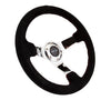 NRG RST-036CH-S: 350mm Suede Steering Wheel with Chrome Spokes Red Stitching - Drive NRG