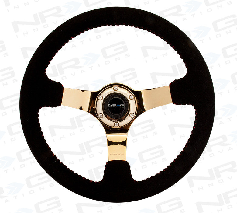 NRG RST-036GD-S: 350mm Suede Steering Wheel with Gold Spokes Red Stitching - Drive NRG