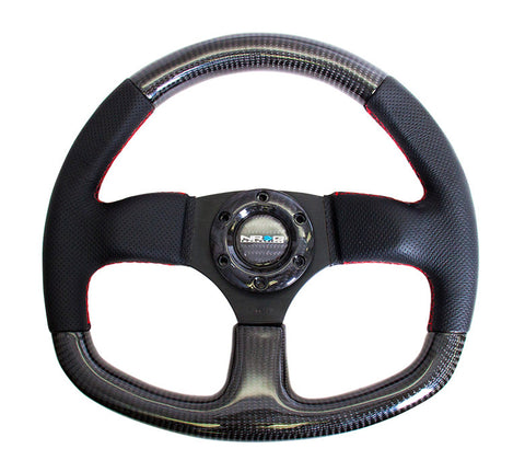 NRG ST-009CFRS: 320mm Flat Bottom Carbon Fiber Steering Wheel with Red Stitching