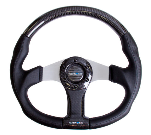 NRG ST-013CFSL: 350mm Carbon Fiber Steering Wheel Flat Bottom with Silver Center