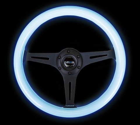 NRG ST-015BK-GL/BL: Classic Luminor White Wood Grain Wheel Black Spoke Blue Glow