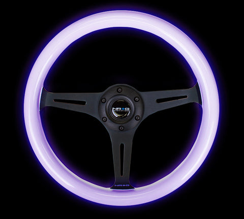 NRG ST-015BK-GL/PP: Classic Luminor White Wood Grain Wheel Black Spoke Purple Glow