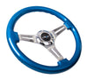 NRG ST-015CH-BL: Classic Wood Grain Wheel, 350mm, 3 spoke center in chrome - Blue - Drive NRG