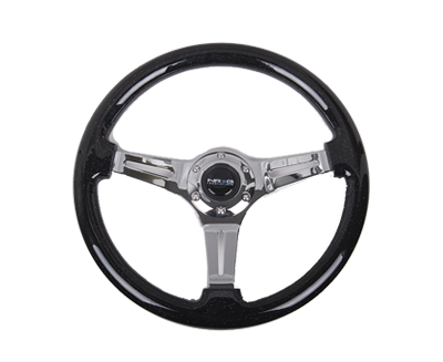 Galaxy Classic Wood Grain Wheel 350mm 3 Chrome Spokes-Black Sparkled Color ST-015CH-BSB - Drive NRG