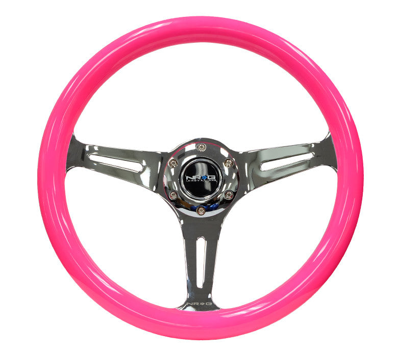 NRG ST-015CH-NPK: 350mm Neon Pink Wood Grain Wheel Chrome Spoke - Drive NRG