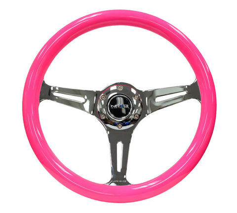 NRG ST-015CH-NPK: 350mm Neon Pink Wood Grain Wheel Chrome Spoke