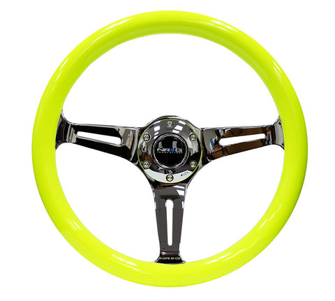 NRG ST-015CH-NYW: 350mm Neon Yellow Wood Grain Wheel Chrome Spoke