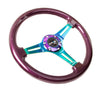NRG ST-015MC-PP: Classic Wood Grain Wheel, 350mm, Purple colored wood, 3 spoke center in Neochrome - Drive NRG