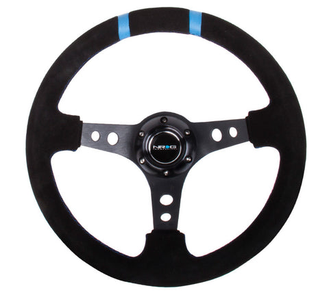NRG ST-016S-BK: Limited Edition 350mm Sport Suede Steering Wheel Black w/ blue double center markings