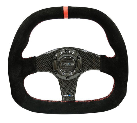 NRG ST-019CF: 320mm Flat Bottom Carbon Fiber Steering Wheel with Red Stitching