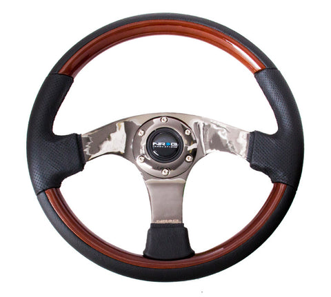 NRG ST-025BK: 350mm Classic Wood Grain Wheel- 3 spoke center in black, Leather wheel with wood accents