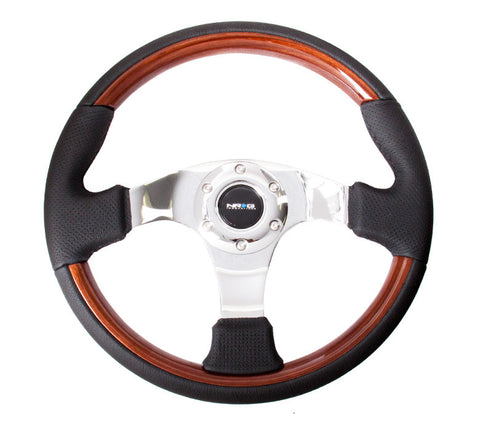 NRG ST-025CH: 350mm Classic Wood Grain Wheel- 3 spoke center in chrome, Leather wheel with wood accents