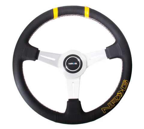 NRG ST-028BK-Y: 360mm "Bumble Bee" Sport Steering wheel- Black leather w/ White stitching. Double yellow Center Marking