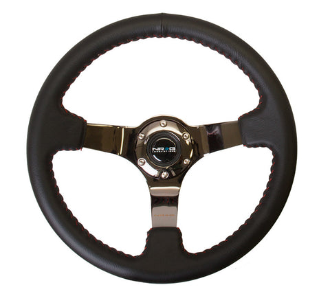 NRG ST-036BK: 350mm Sport Steering wheel (3" Deep) - Black Leather Red Baseball Stitching - Black Center