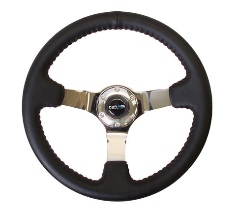 NRG ST-036CH: 350mm Sport Steering wheel (3" Deep) - Black Leather, Red Baseball Stitching, Chrome Center