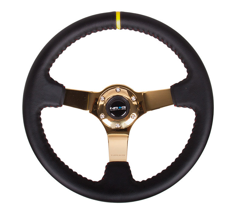 NRG RST-036CG-Y: 350mm Sport Steering wheel (3" Deep) - Black Leather, Red Baseball Stitching - Gold Center - Drive NRG