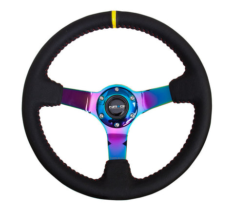 NRG ST-036MC-Y: 350mm Sport Steering Wheel  - Black Leather, Red Baseball Stitch, Neochrome - Yellow stripe