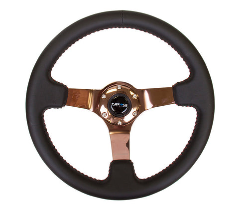 NRG ST-036RG: 350mm Sport Steering wheel (3" Deep) - Black Leather Red Baseball Stitching - Rose Gold Center