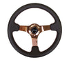 NRG ST-036RG: 350mm Sport Steering wheel (3" Deep) - Black Leather Red Baseball Stitching - Rose Gold Center - Drive NRG