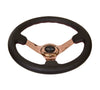 NRG ST-036RG: 350mm Sport Steering wheel (3" Deep) - Black Leather Red Baseball Stitching - Rose Gold Center - Drive NRG