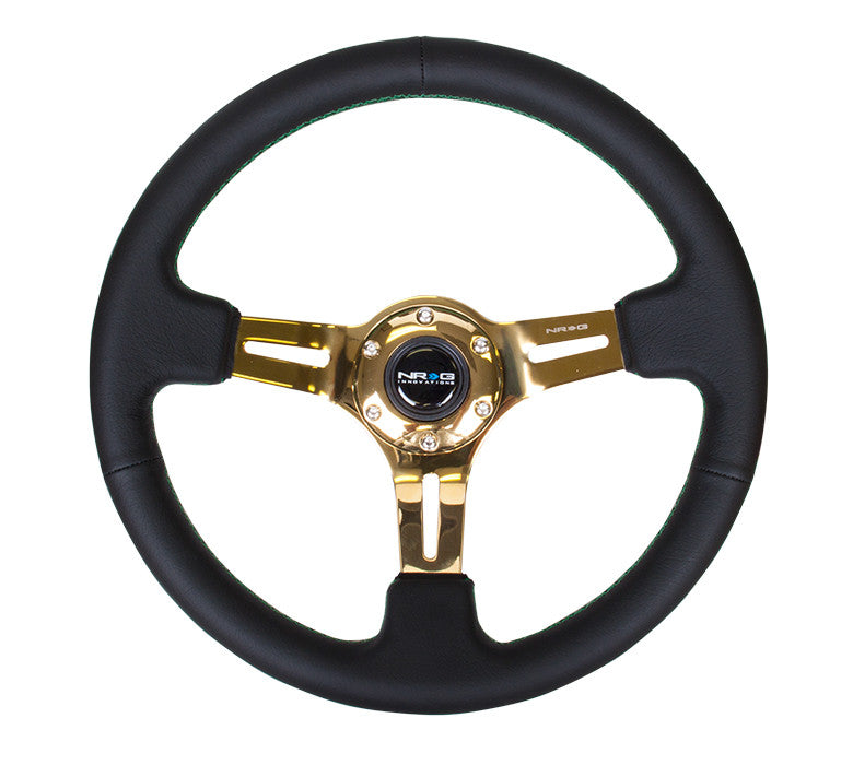 NRG ST-055R-CGGS: 350mm Black Leather Steering Wheel (3" Deep) Chrome Gold Spokes Green Stitch - Drive NRG