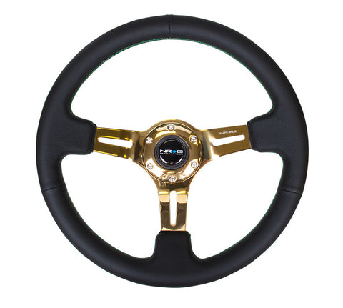 NRG ST-055R-CGGS: 350mm Black Leather Steering Wheel (3" Deep) Chrome Gold Spokes Green Stitch
