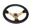 NRG ST-055R-CGGS: 350mm Black Leather Steering Wheel (3" Deep) Chrome Gold Spokes Green Stitch - Drive NRG
