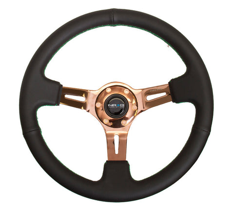 NRG ST-055R-RGGS: 350mm Black Leather Steering Wheel (3" Deep) Rose Gold Spokes Green Stitch