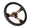 NRG ST-055R-RGGS: 350mm Black Leather Steering Wheel (3" Deep) Rose Gold Spokes Green Stitch - Drive NRG