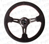 ST-055S-BKRS Black Suede Steering Wheel (3" Deep), 350mm, 3 Spoke Center in Black W/ Red stitch - Drive NRG