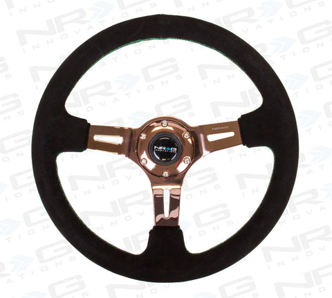 ST-055S-RGGS Black Suede Steering Wheel (3" Deep), 350mm, 3 spoke Center in Rose Gold W/ Green Stitch
