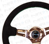 ST-055S-RGGS Black Suede Steering Wheel (3" Deep), 350mm, 3 spoke Center in Rose Gold W/ Green Stitch - Drive NRG