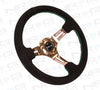 ST-055S-RGGS Black Suede Steering Wheel (3" Deep), 350mm, 3 spoke Center in Rose Gold W/ Green Stitch - Drive NRG