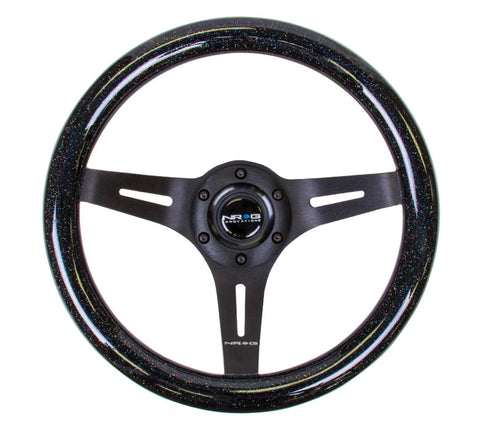 NRG ST-310BSB-BK: 310mm "Galaxy Wheel" Black Sparkled Wood Grain Wheel Black Spokes