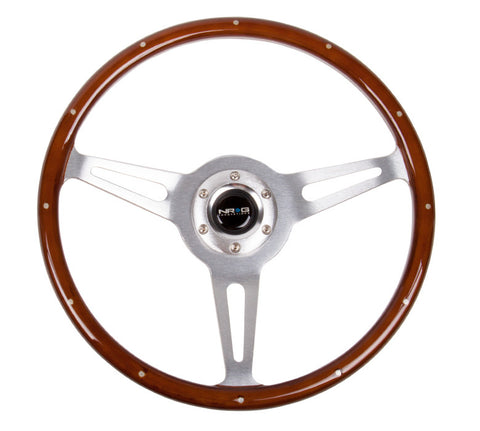 NRG ST-380SL: 365mm Classic Wood Grain Wheel - 3 spoke center in brushed aluminum, dark wood with metal accents