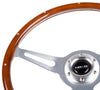 NRG ST-380SL: 365mm Classic Wood Grain Wheel - 3 spoke center in brushed aluminum, dark wood with metal accents - Drive NRG